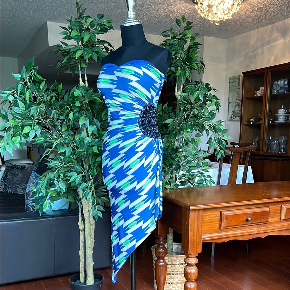 Sexy Strapless Dress Size Small with Black Cut out Beaded Accent at Waist